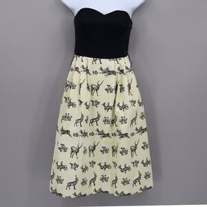 Anthropologie Postmark Conifer Deer Strapless Holiday Dress Women 4 Yellow Black
